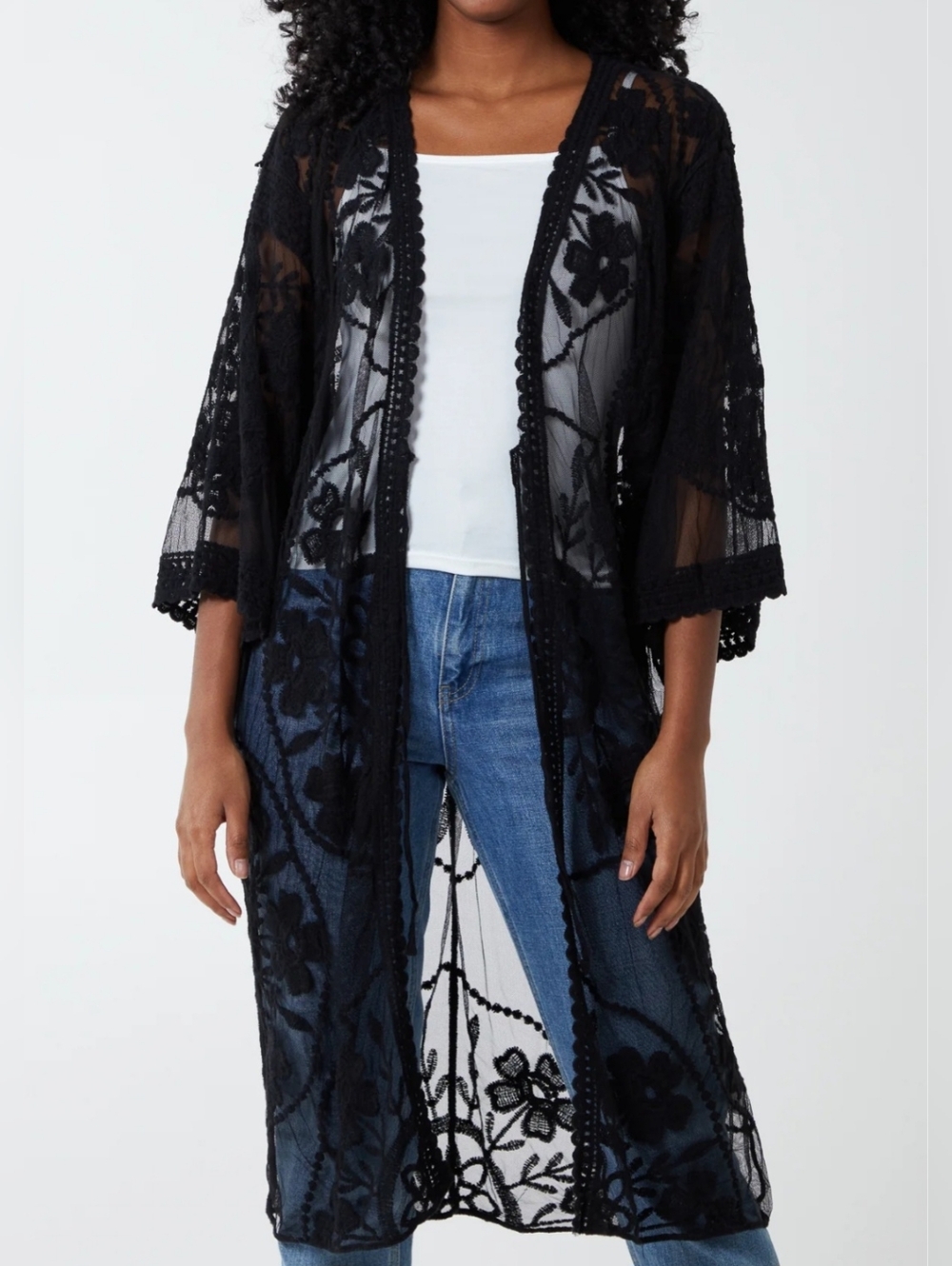 Ember Black Floral Lace Duster Cardigan